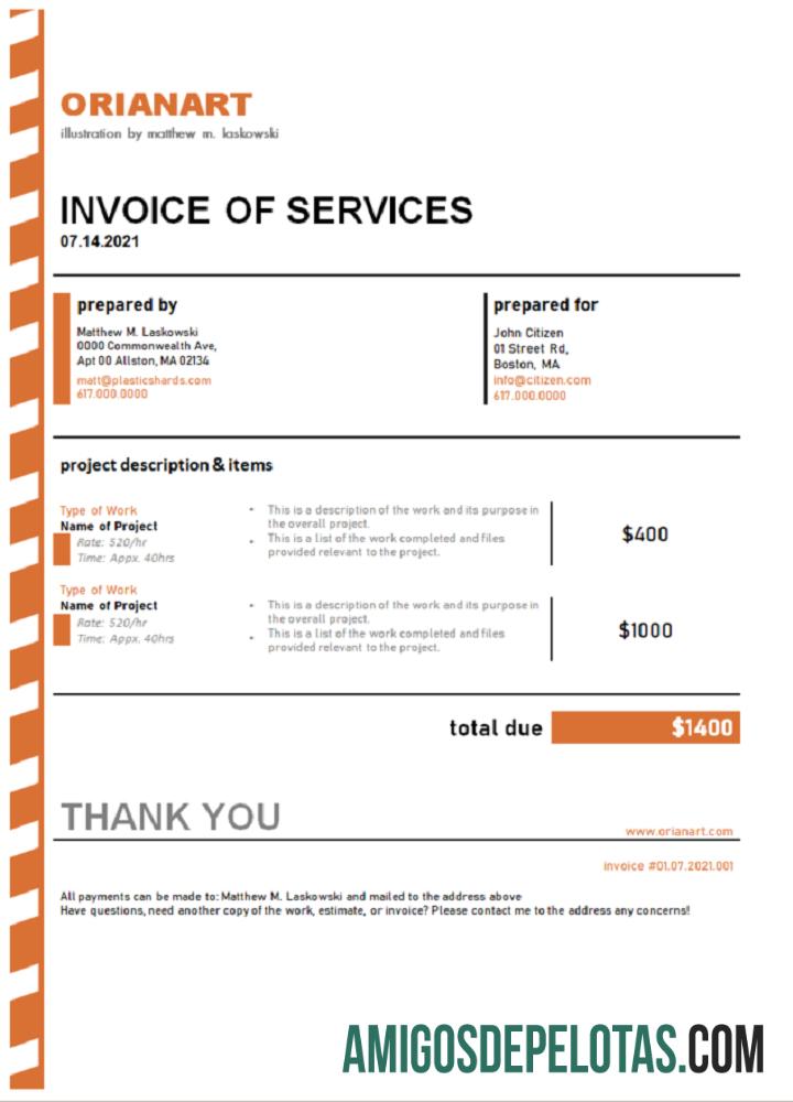 Fatura da empresa de arte e design Austrália Orianart exemplo real